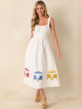 PARADISA CARMEN WHITE MULTI EMBROIDERED COTTON MIDI DRESS 💯 COTTON